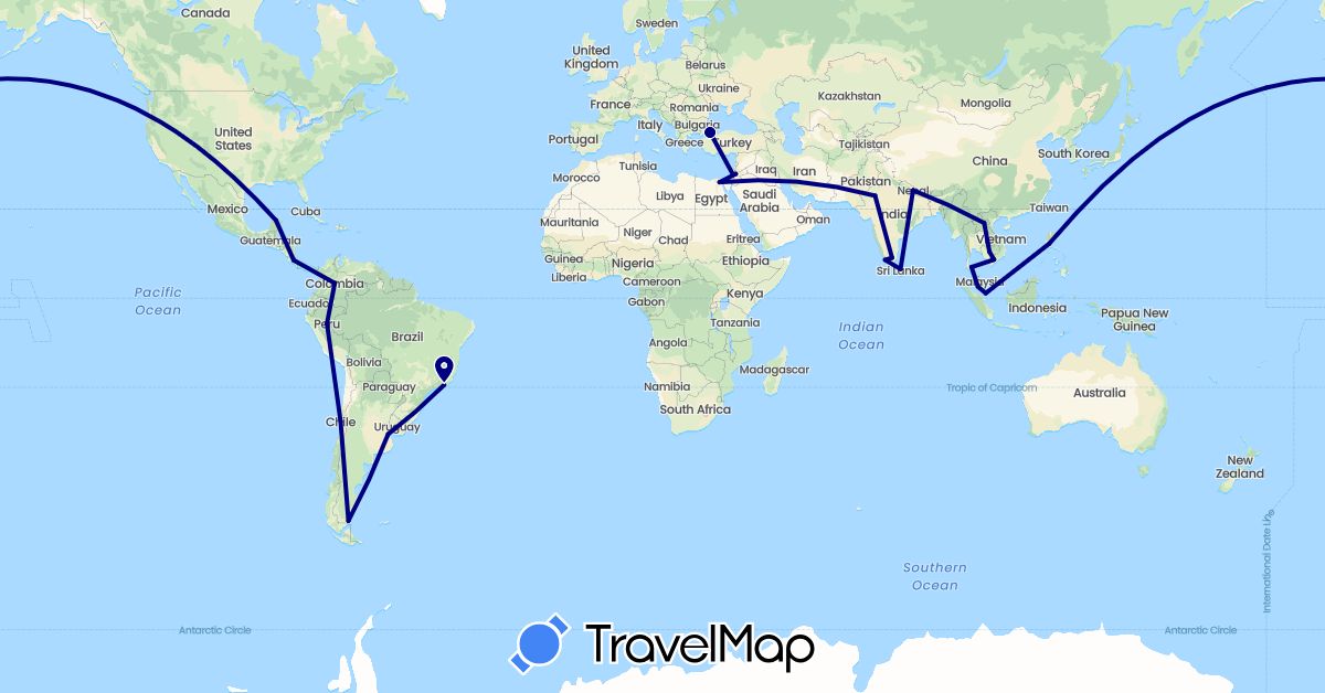 TravelMap itinerary: driving in Argentina, Brazil, Chile, Colombia, Costa Rica, Egypt, Israel, India, Jordan, Laos, Sri Lanka, Mexico, Malaysia, Nepal, Philippines, Singapore, Thailand, Turkey, Vietnam (Africa, Asia, North America, South America)